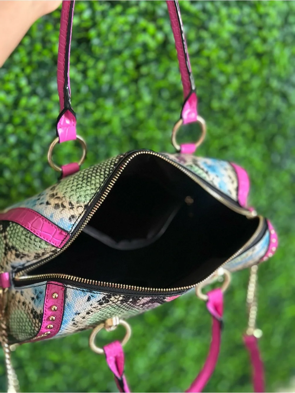 Aldo Multicolor Snake-Print Satchel with Pink Trim